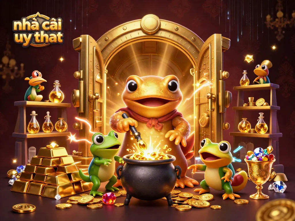 Engage with nhà cái uy tín showcasing gold coins, a magical alchemist, and dynamic treasure elements.