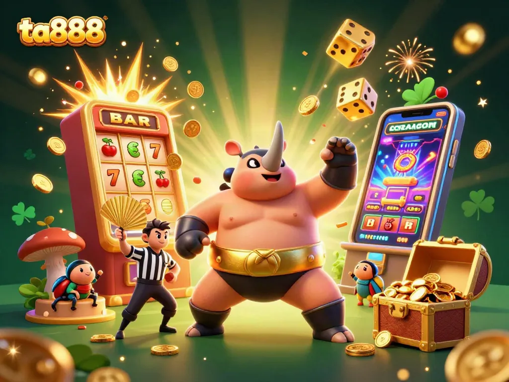Join the fun at ta888 with a vibrant casino scene featuring a sumo beetle champion and golden coins.