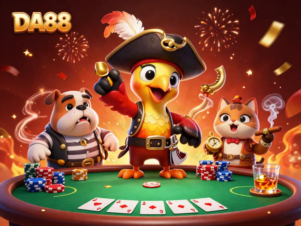 Experience thrilling gameplay at DA88 with a whimsical pirate crew amid poker excitement