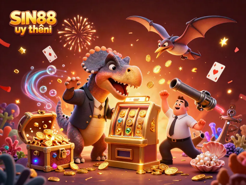 SIN88 uy tín: A playful pachycephalosaurus winning slots while a panicked ankylosaur manages chaos in a vibrant casino