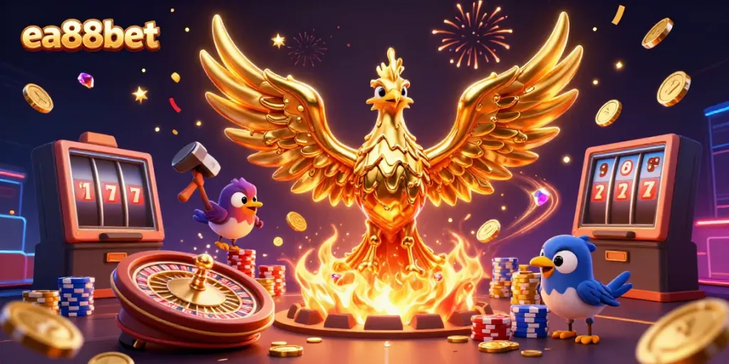 Engage with the prime gaming experience at ea88bet featuring a molten phoenix and casino elements.