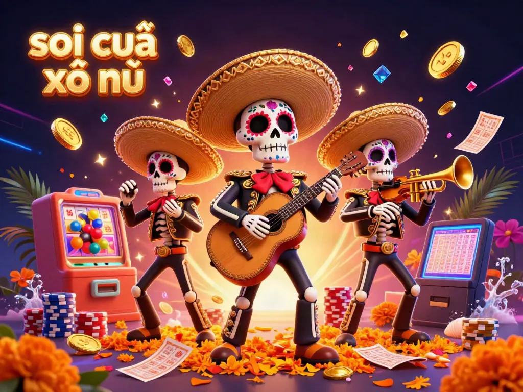 Experience the exciting soi cầu xổ số with a vibrant mariachi band amidst lottery tickets and colorful coins.