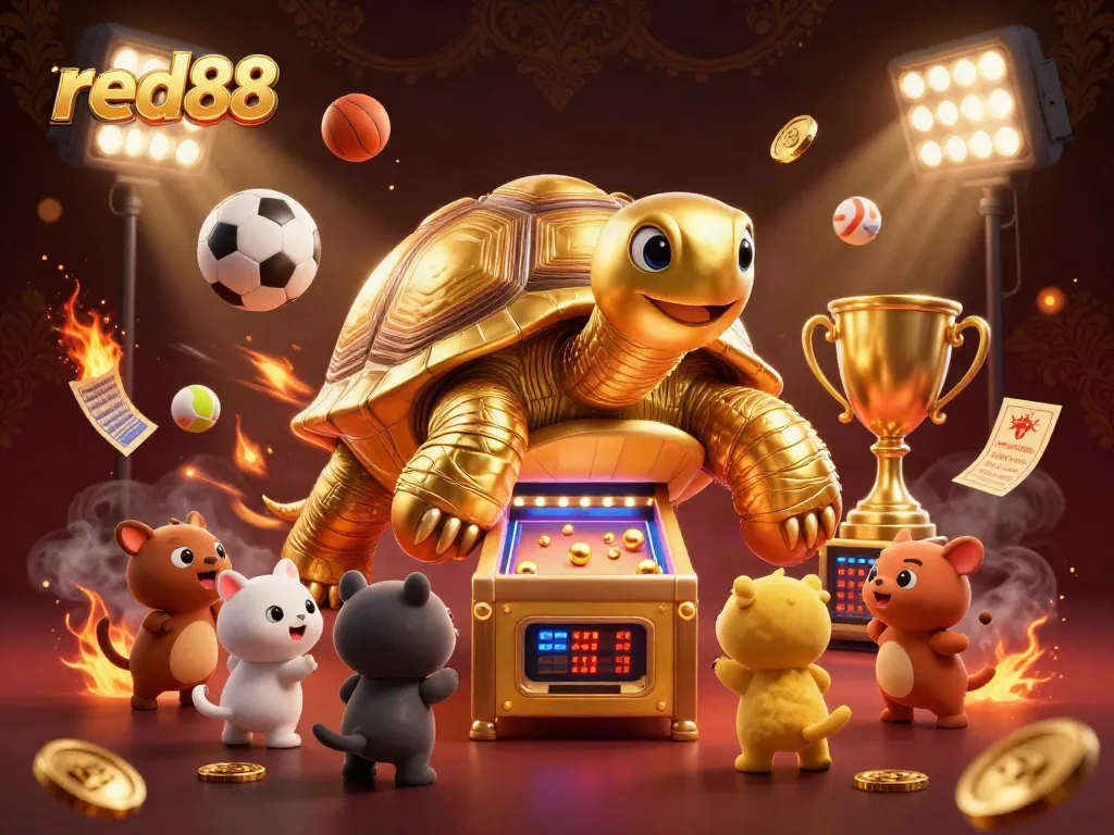 Experience thrilling moments at red88 with a lively scene of a golden tortoise pinball machine surrounded by excited players.