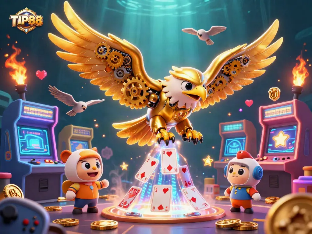 Experience high-stakes gaming at TIP88 with a vibrant 3D illustration of dynamic casino elements and characters.