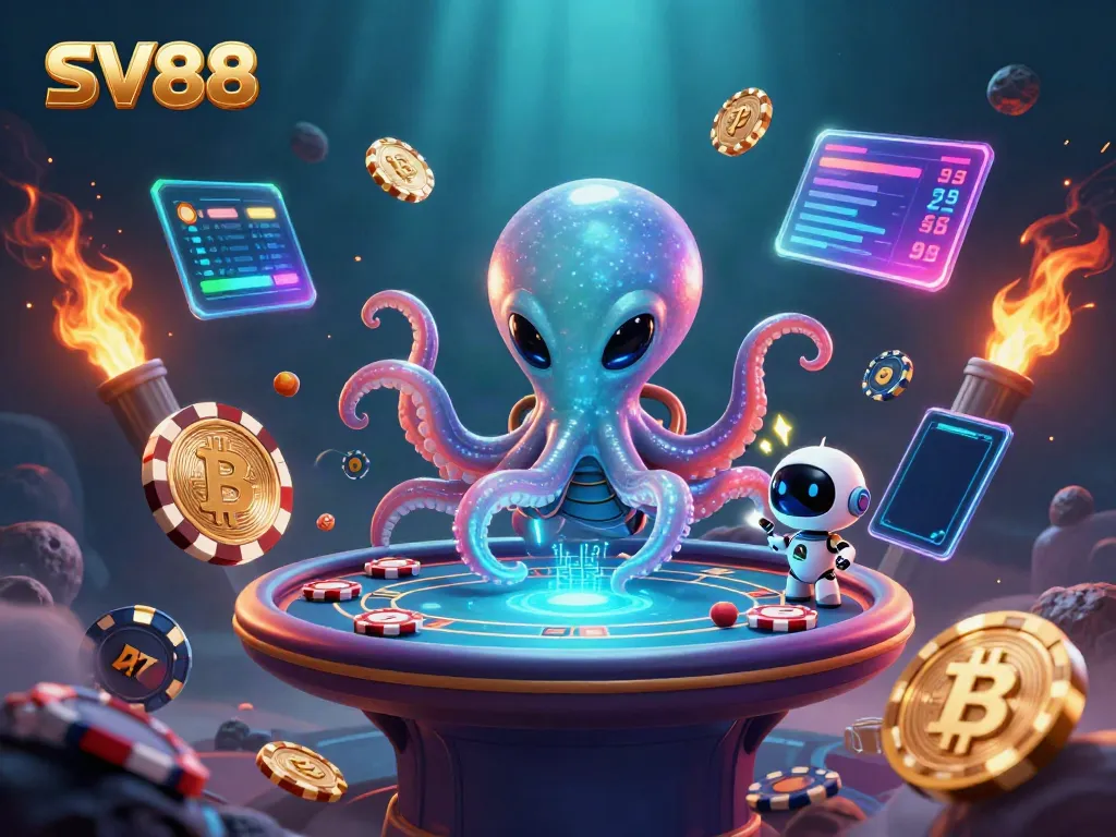 Experience thrilling gameplay at SV88 with a vibrant poker scene featuring an alien octopus and crypto elements.
