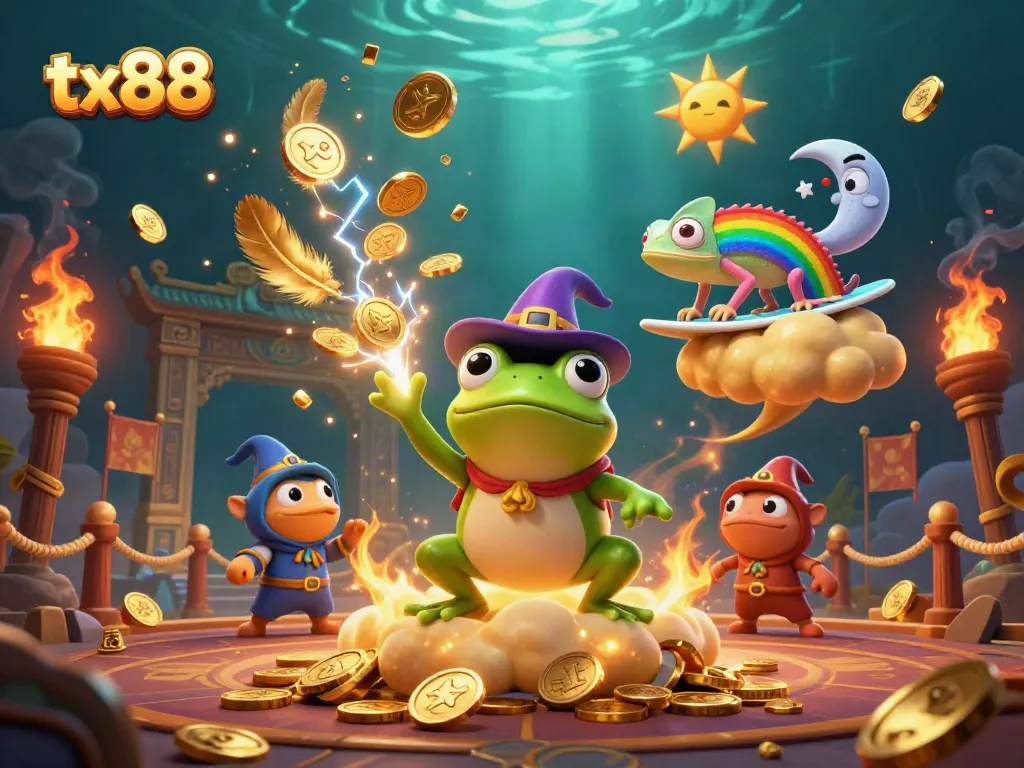 Experience the thrill of TX88 with dynamic characters amidst a storm of golden coins and vibrant casino elements.