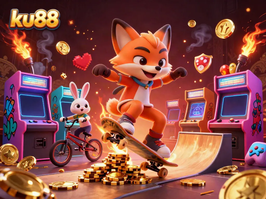 Engage with ku88 through a vibrant casino scene featuring a skateboarder fox and BMX rabbit amidst colorful elements.