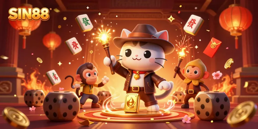 SIN88 showcases a lively cat and monkey duo exploring casino treasures amidst vibrant celebration elements.