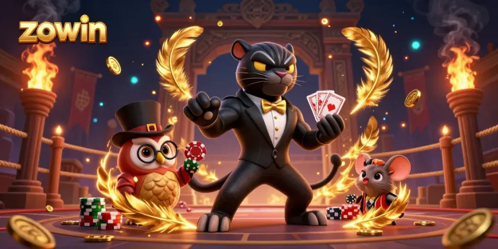 Zowin's captivating gaming scene with a tuxedo panther dealing cards, owl with poker chips, and mouse by a chip stack.