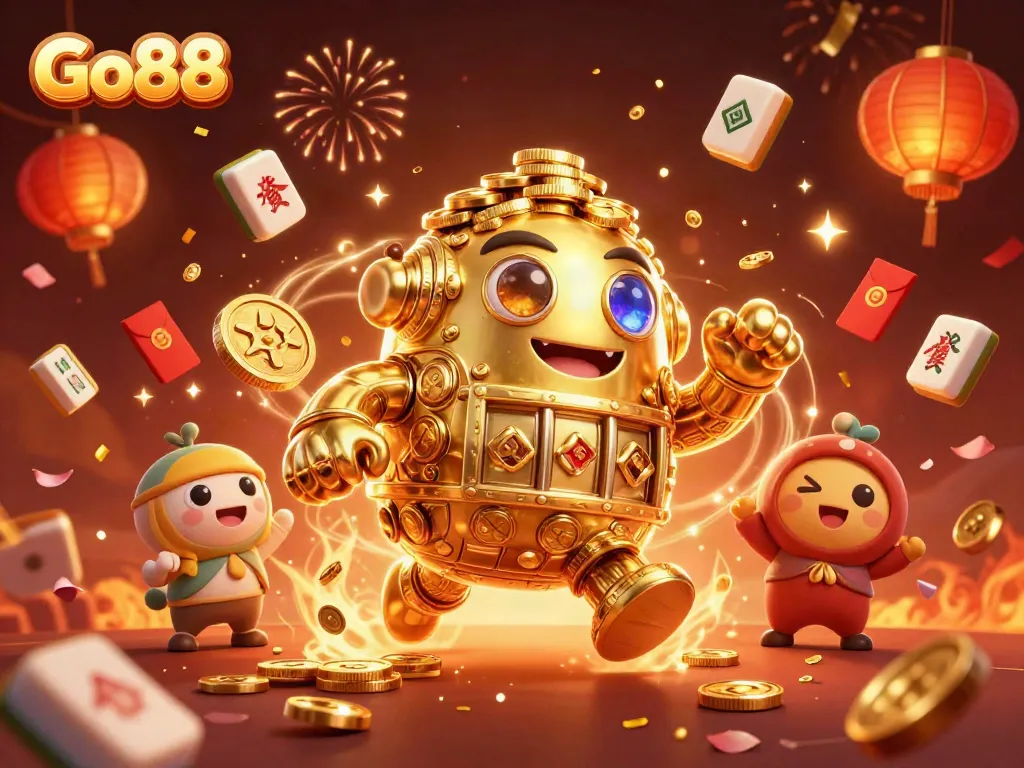 Engage in thrilling gameplay at Go88 with a dynamic 3D illustration showcasing casino elements.