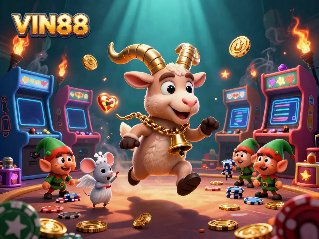 Experience the thrilling energy of VIN88's holiday casino with whimsical Krampus and playful characters.