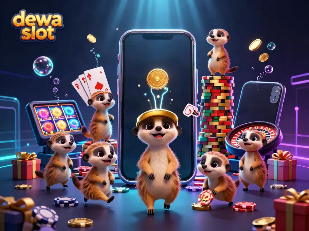 Experience the excitement of dewa slot with meerkats in a vibrant 3D casino scene.