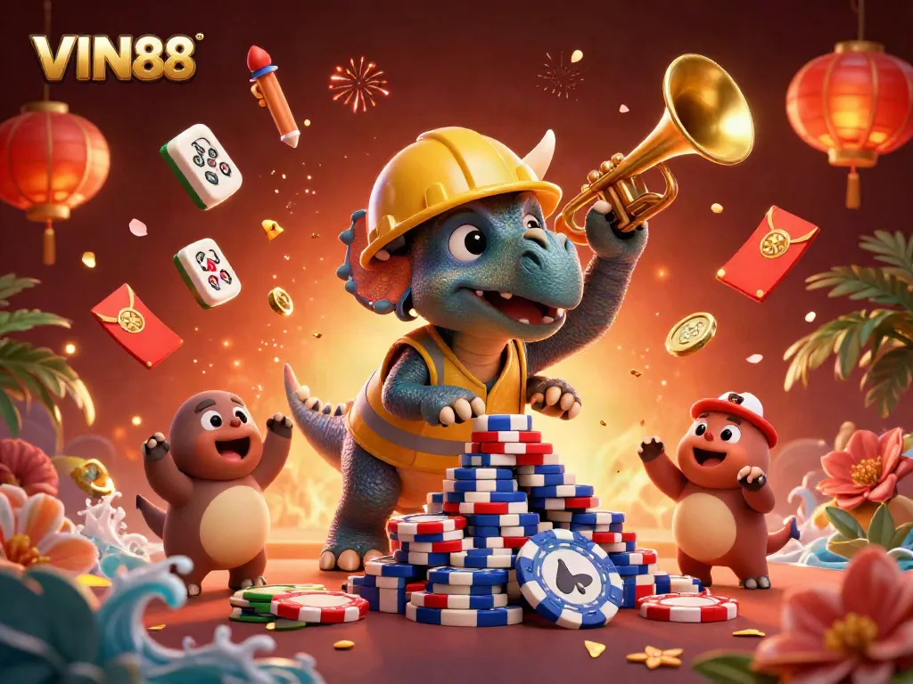 Experience the thrill of VIN88 with a lively 3D casino scene celebrating big wins.