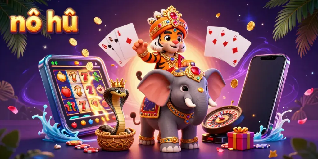 Engaging nổ hũ slot game scene featuring a decorated tiger and elephant amidst lively casino elements.