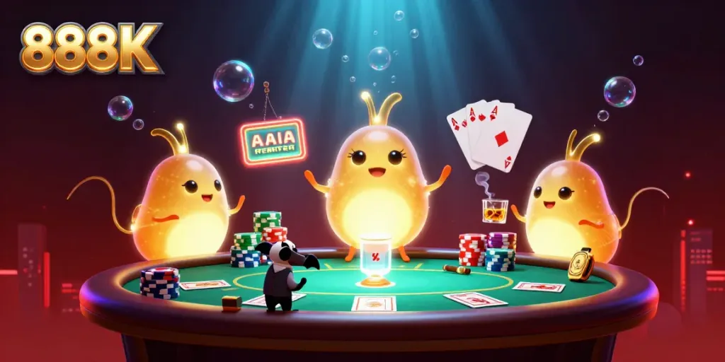Experience thrilling gameplay at 888K with glowworms illuminating a vibrant poker scene.