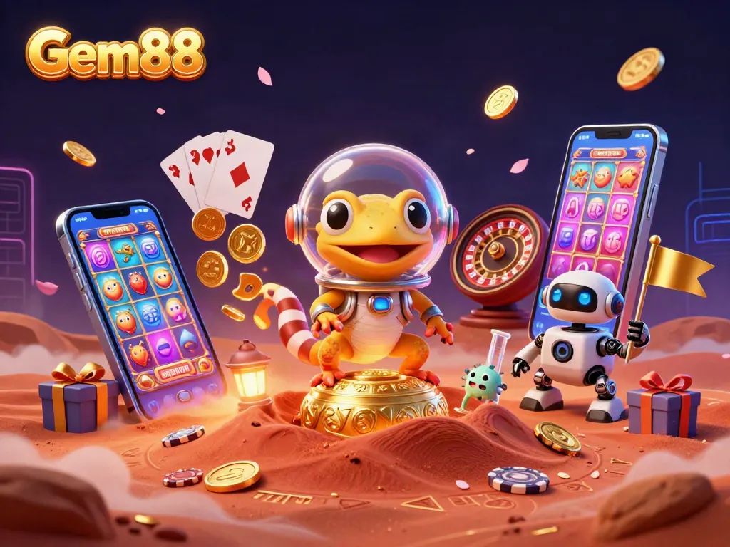 Gem88 showcases a Martian gecko uncovering a golden casino with gaming elements erupting around.