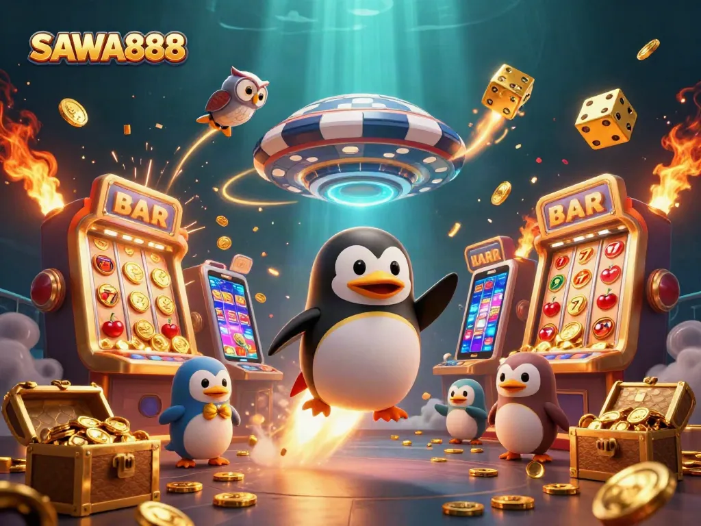 Experience SAWA888's thrilling space adventure with a penguin, colorful slots, and golden treasures!
