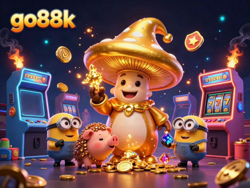 Experience the golden magic of go88k with a vibrant casino scene featuring whimsical characters.