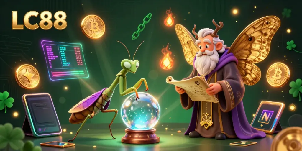 Experience the magic of LC88 with cartoon fortune tellers and glowing digital elements in this illustrative casino art.