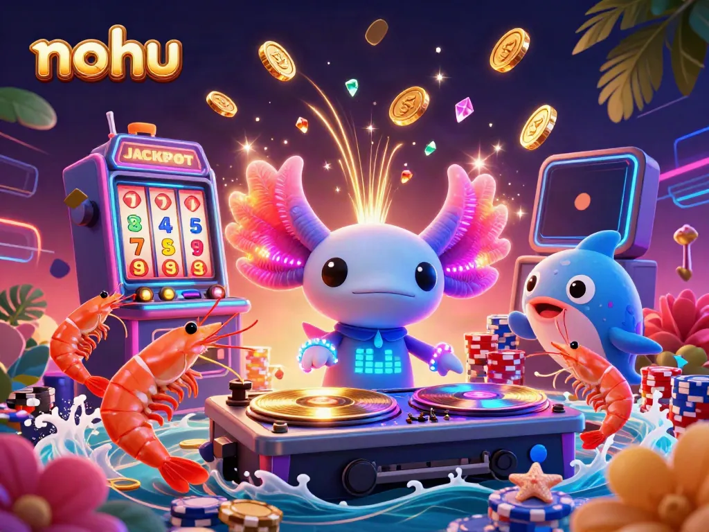 Join the excitement at nohu with a vibrant 3D illustration showcasing colorful casino elements and lively characters in action.