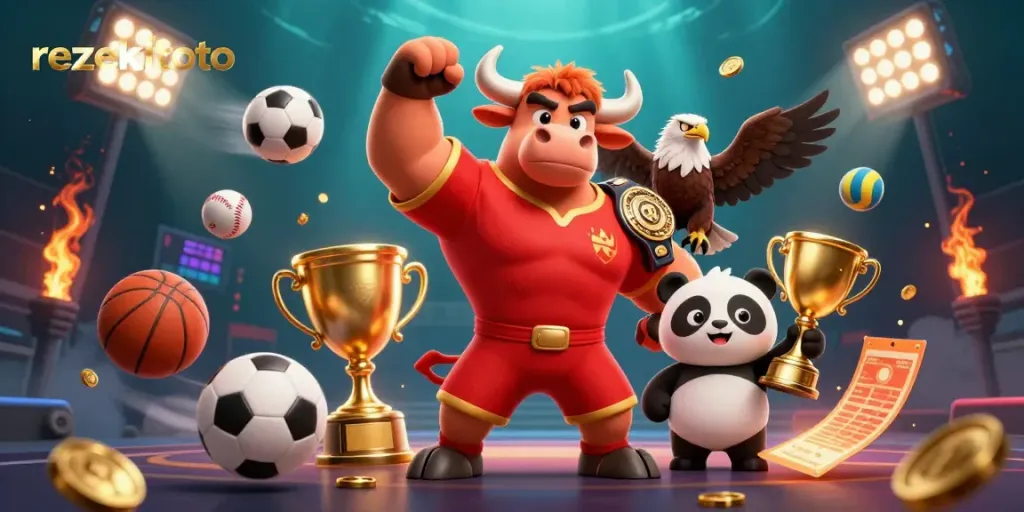 Experience the thrilling world of rezekitoto with a dynamic 3D casino scene featuring sports betting excitement and vibrant characters.