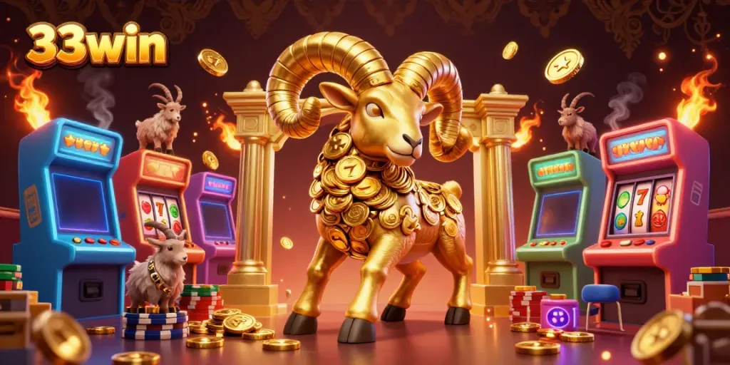 Experience the thrill of 33win with a golden ram charging into a vibrant casino scene filled with colorful games.