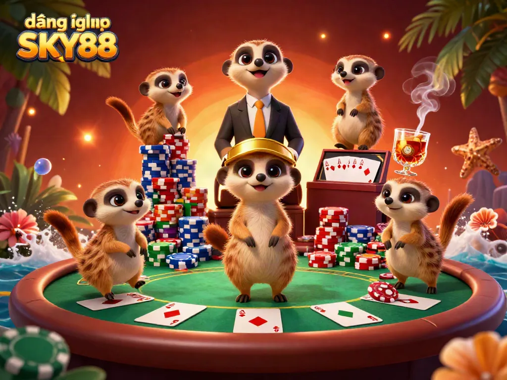 Engage in action with đăng nhập SKY88 as meerkat dealers deliver thrilling poker gameplay under vibrant casino lights.