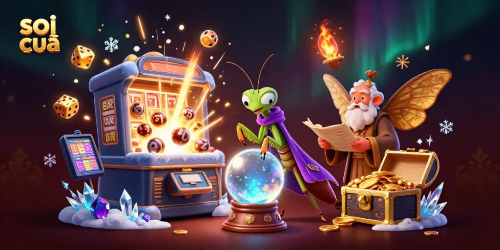 Soi cầu lottery visualization with fortune teller and animated elements in a magical scene