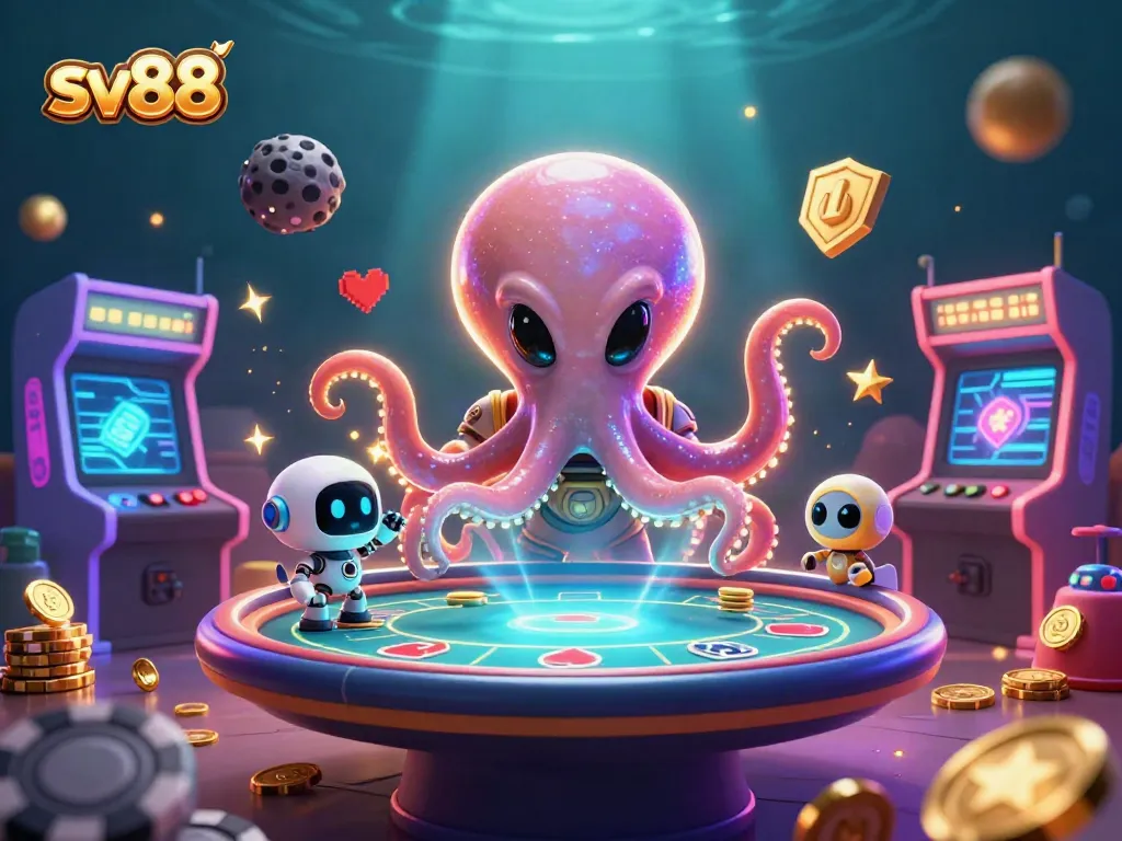 Engage in thrilling gameplay with sv88’s alien octopus at a dynamic holographic poker table.