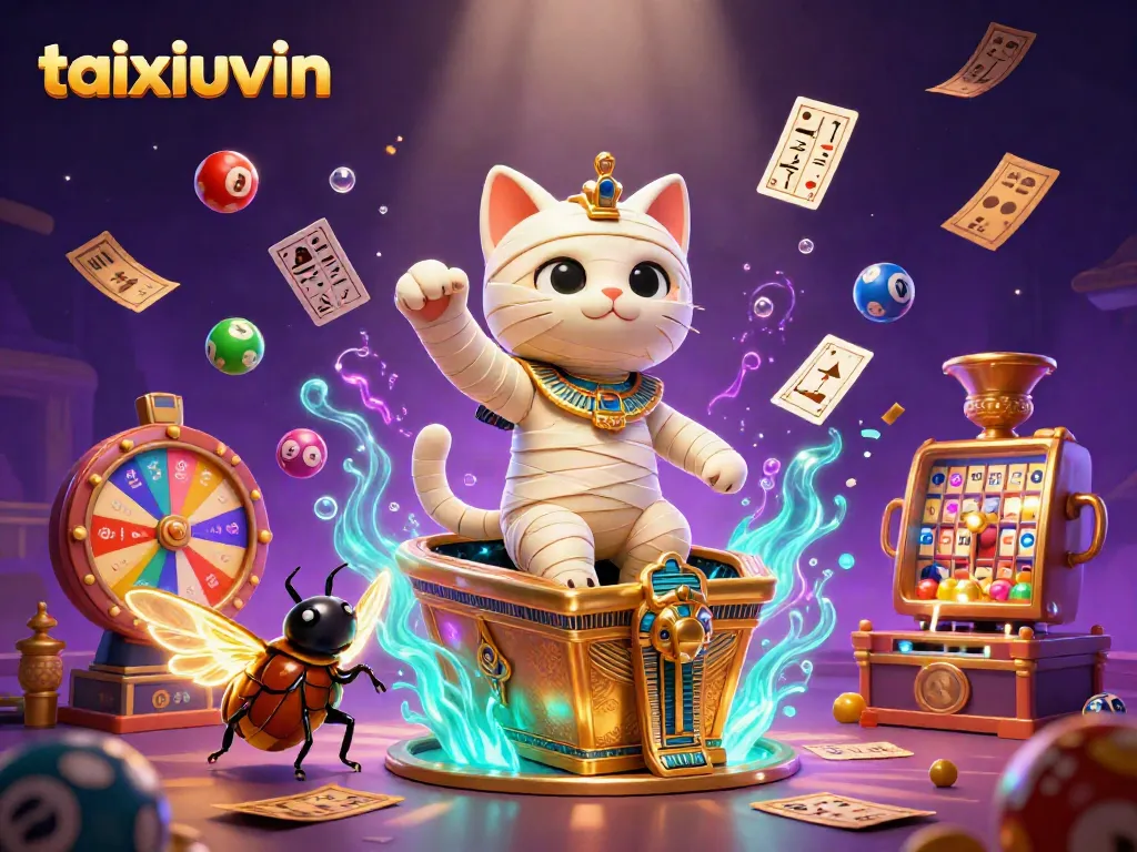 Experience the magical world of taixiuvin with a vibrant casino scene featuring a mummy cat and glowing scarab.