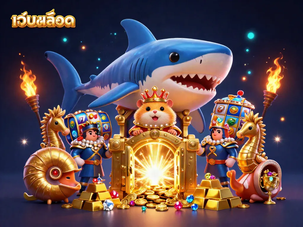 Play เว็บสล็อต with vibrant characters and captivating treasure in a dynamic 3D scene.