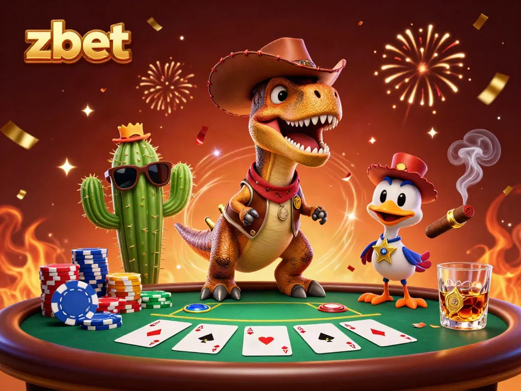Engage in thrilling gaming adventures with zbet's vibrant cartoon scene featuring a cowboy dinosaur at a poker table.