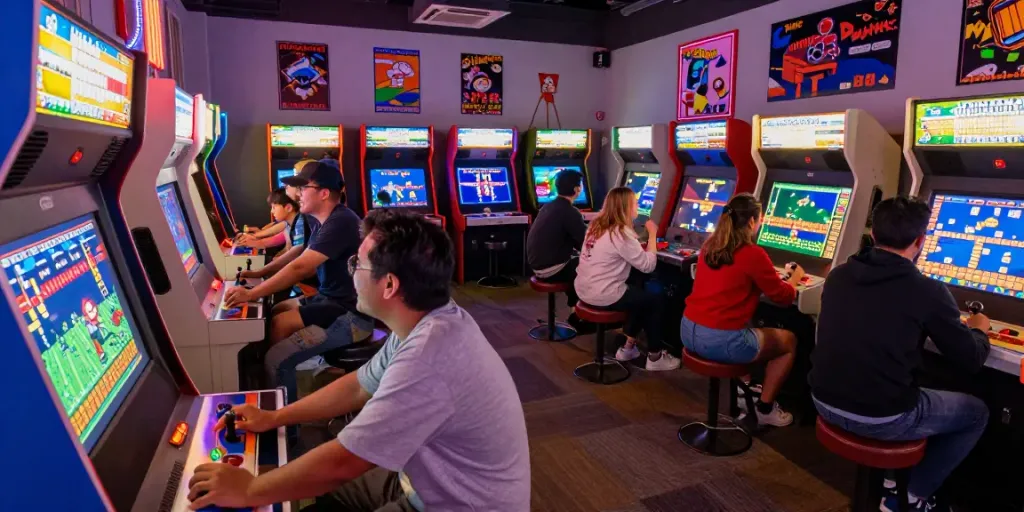Exciting PECAH404 arcade scene with gamers enjoying nostalgic classic games.