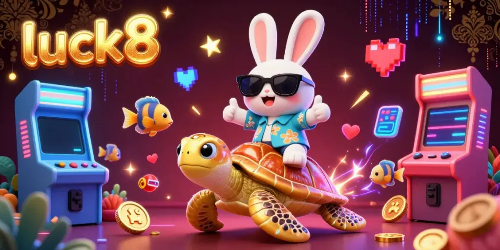 Experience luck8's vibrant casino world with a lucky rabbit and golden turtle in a colorful gaming scene.