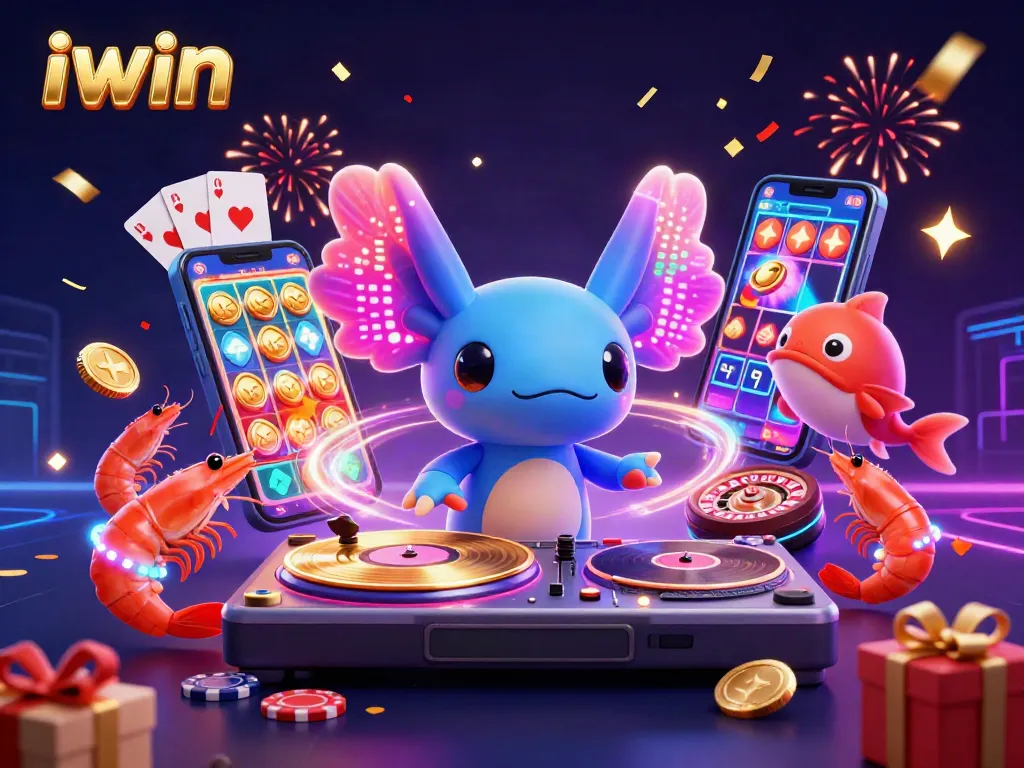 Spin the reels with iwin's vibrant casino scene featuring a DJ axolotl and festive gaming elements.