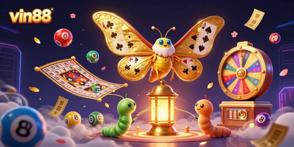Experience thrilling gaming with vin88 and vibrant lottery elements in a dynamic 3D illustration.