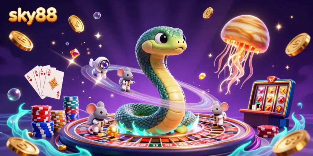 Spin the sky88 roulette with a cosmic dealer while betting with golden coins and slot machines.