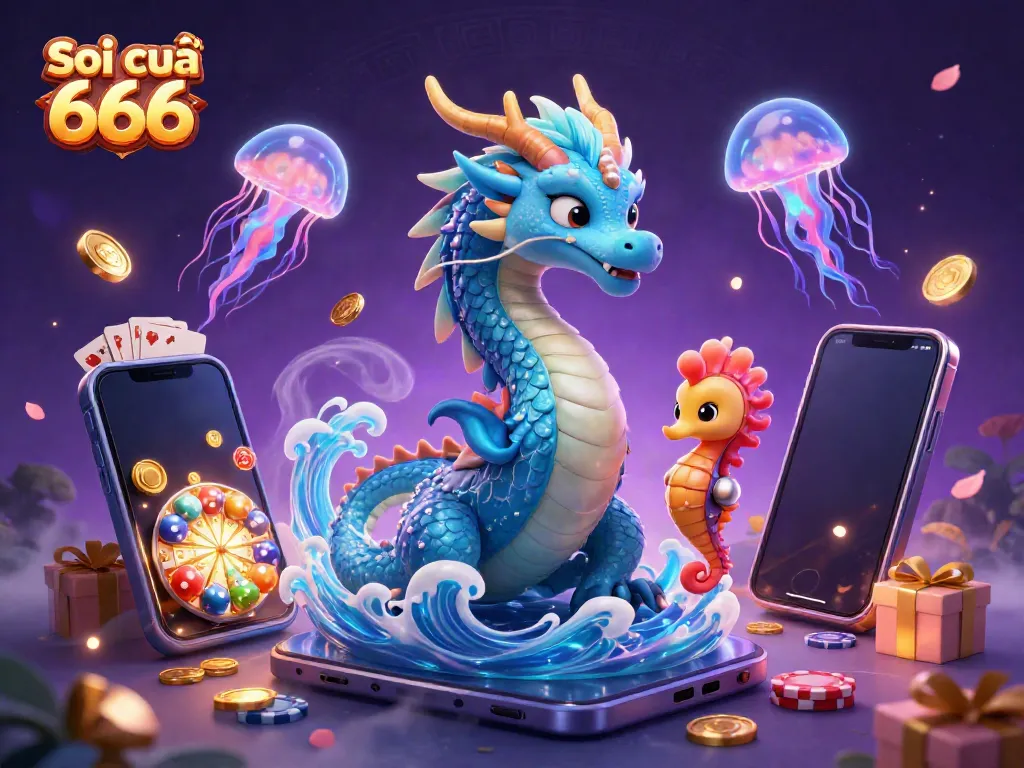 Soi cầu 666 showcases a vibrant 3D illustration of a water dragon and knight with lottery elements.