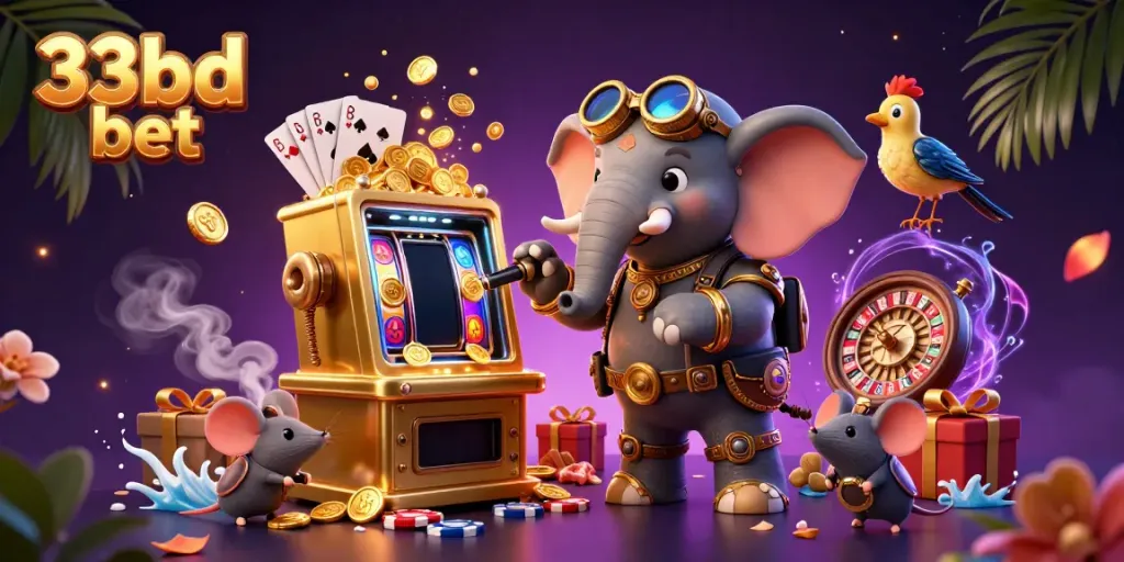 Engage with 33bd bet through a colorful 3D casino scene featuring exciting slot gameplay elements.