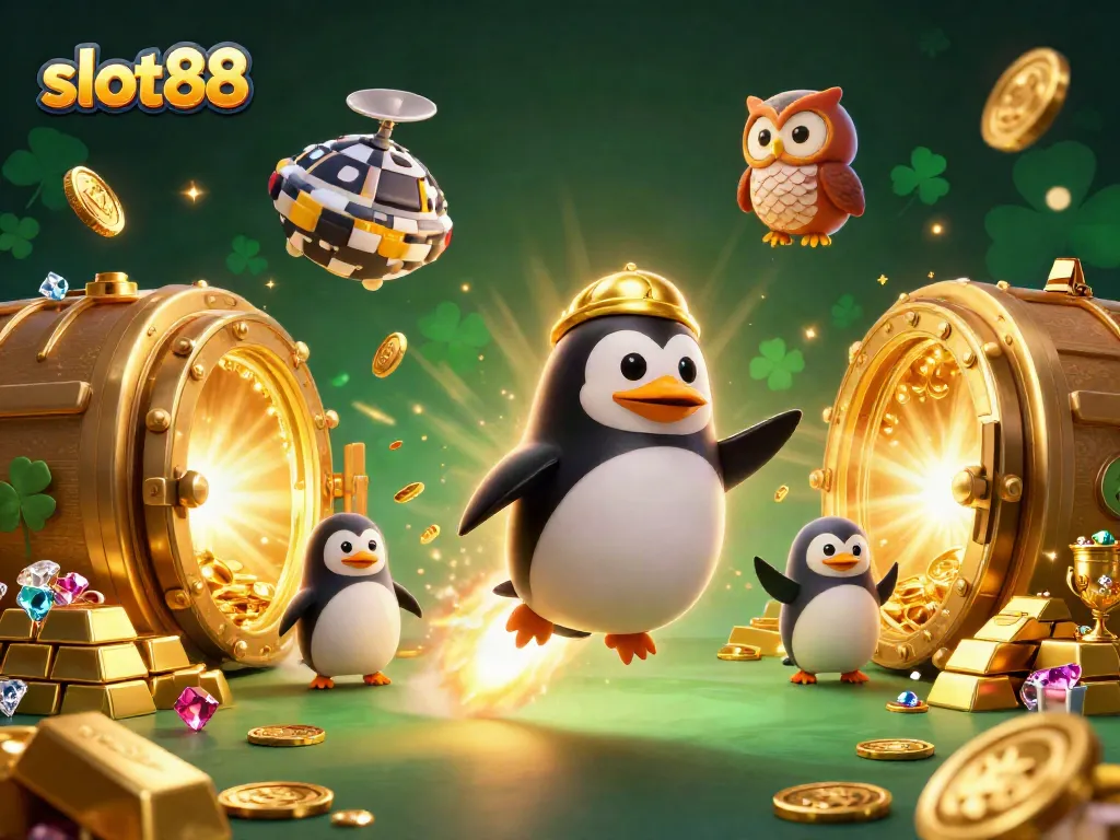 Experience slot88 excitement with a golden penguin and treasure vault bursting with riches in this vibrant casino scene.