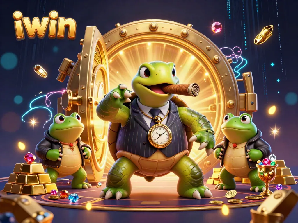 Iwin's casino themed illustration featuring a snapping turtle in a mobster suit with gambling elements.