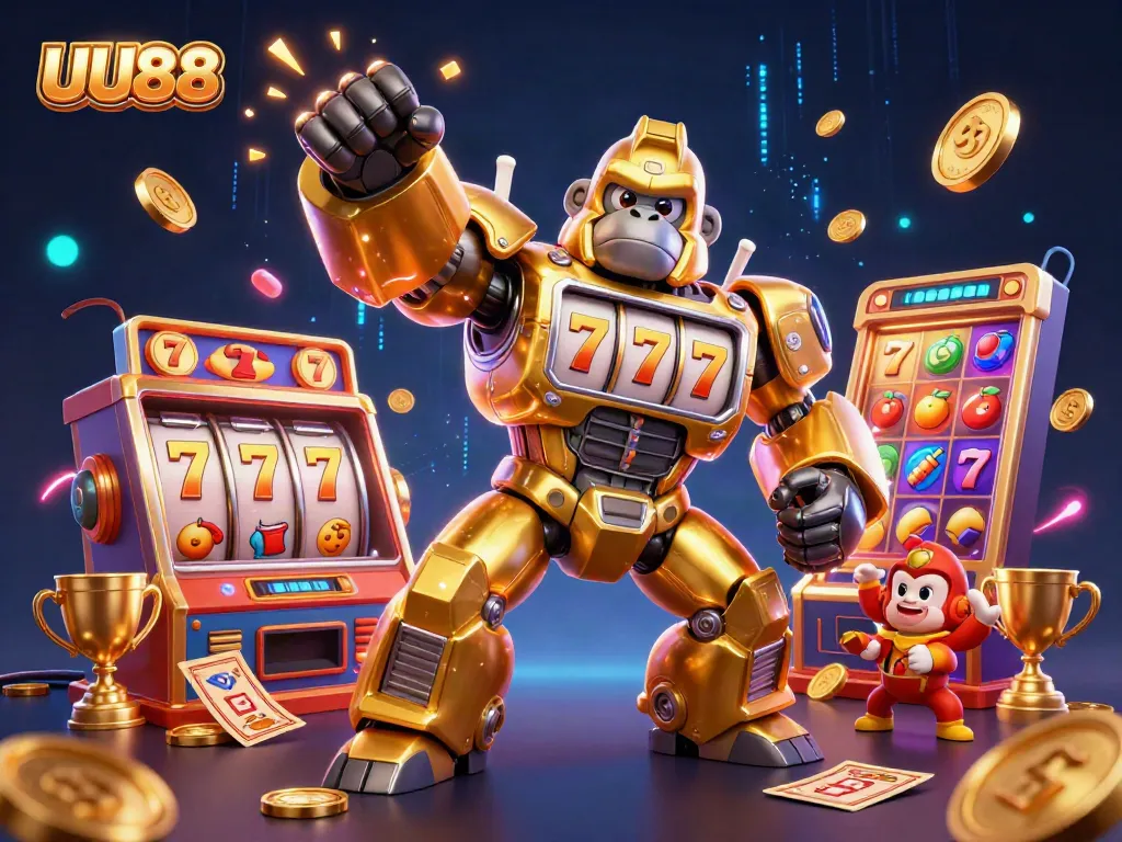 Engage with exhilarating slot action featuring UU88's golden gorilla mech and dynamic gaming elements.