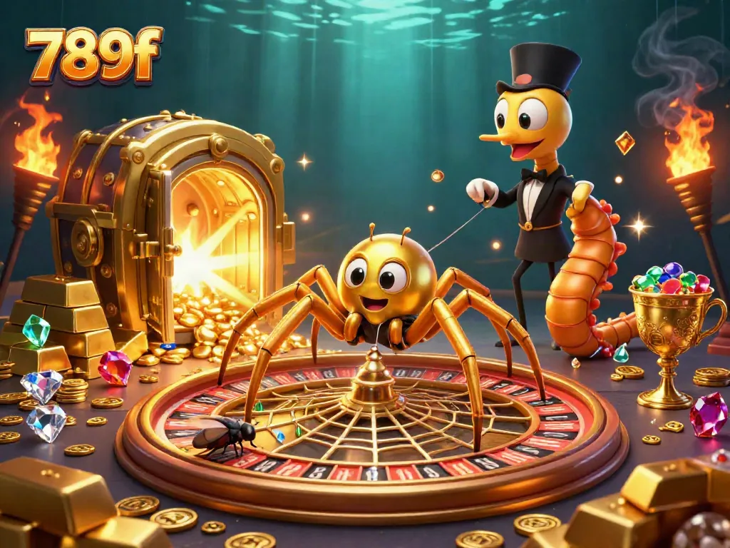 Engage with 789f's gaming thrill, a golden spider crafting a roulette web in a fantasy setting.