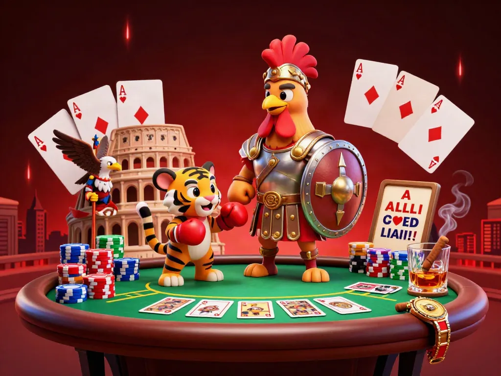 Engage in intense poker action at SV88 with a dynamic 3D illustration of a rooster gladiator and gaming elements.