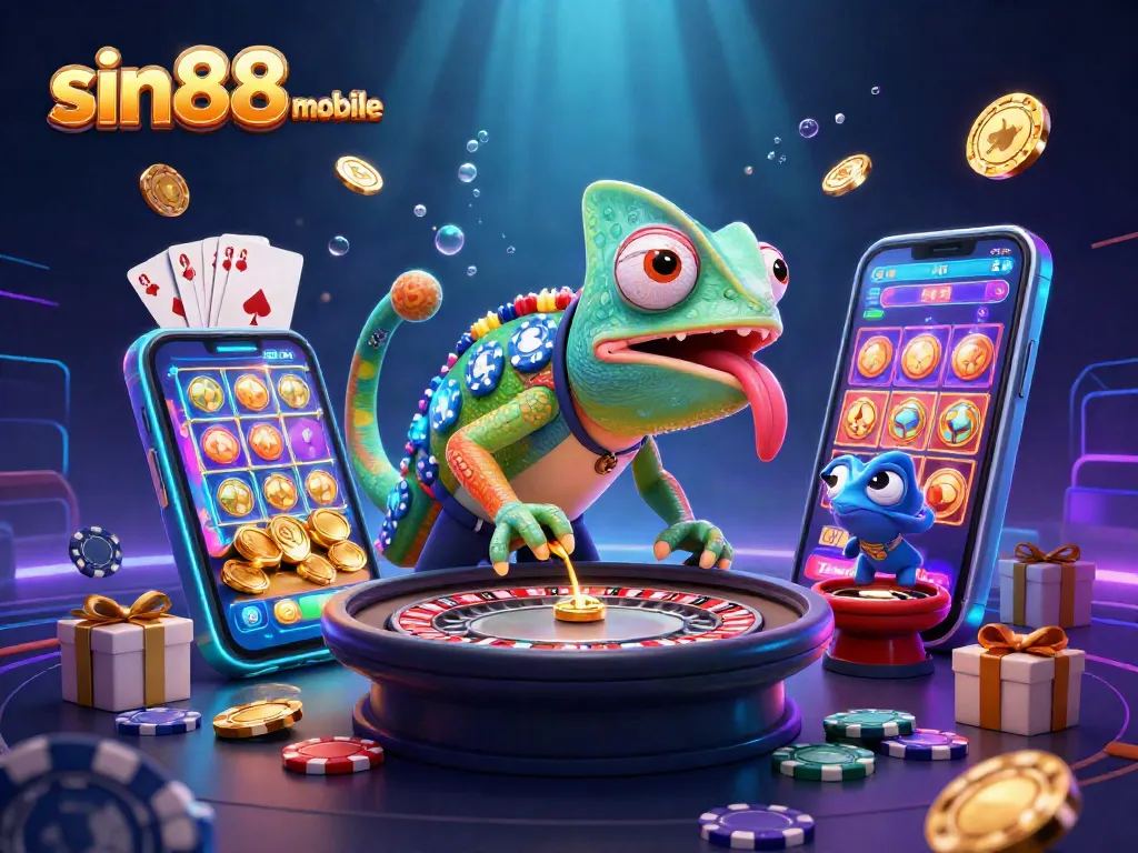 Experience thrilling gaming action with sin88-mobile as vibrant elements and a charismatic chameleon surround a dynamic casino scene.