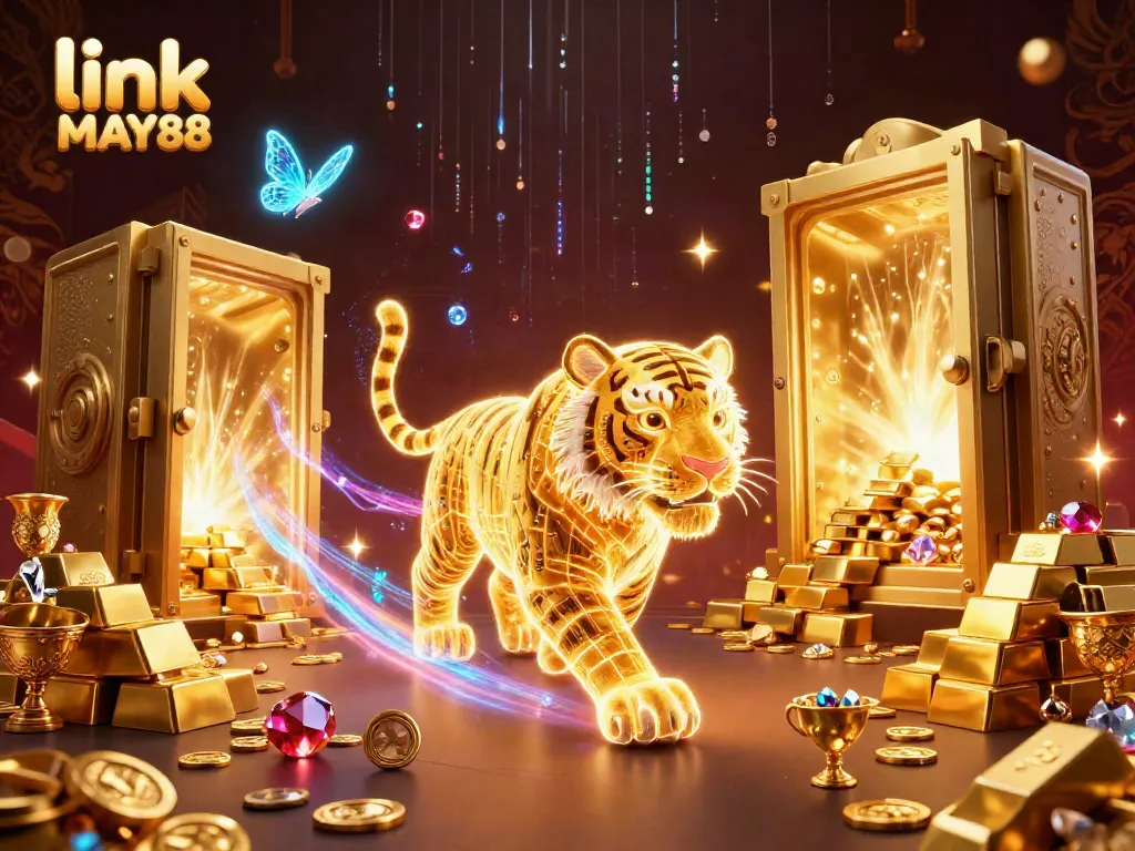 Experience the vibrant energy of link MAY88 with a dazzling tiger in a dynamic casino scene.