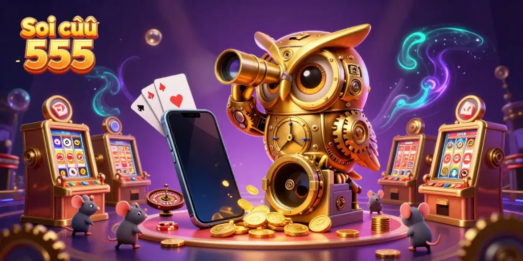 Soi cầu 555 showcasing a vibrant lottery scene with a golden owl and colorful game elements.
