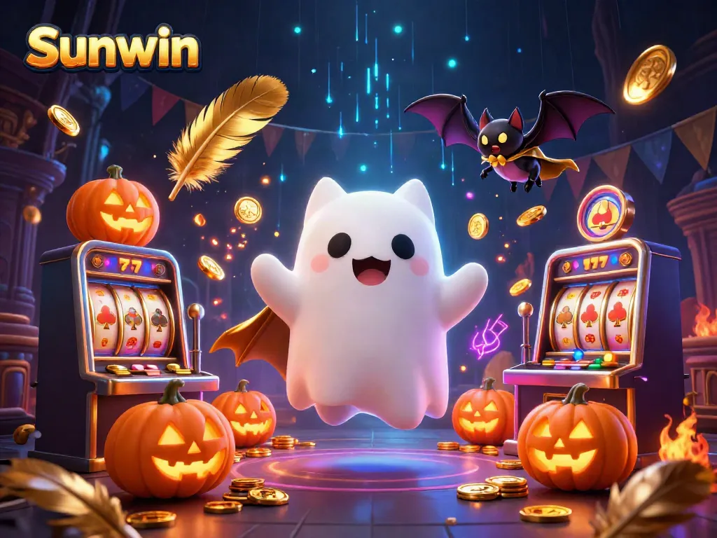 Experience the excitement and charm of Sunwin's haunted casino featuring ghostly characters and vibrant slot machines.