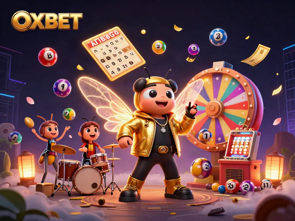 Experience the excitement of OXBET with vibrant graphics showcasing a rock star cicada and dynamic gaming elements.