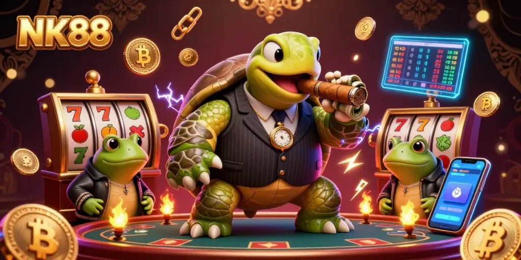 Engage with NK88 in this vibrant 3D illustration of a casino scene featuring a turtle in a pinstripe suit.